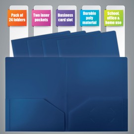 Heavyweight Blue Plastic 2 Pocket Portfolio Folder, Letter Size Poly Folders by Better Office Products, 24 Pack, Royal Blue (no prongs)