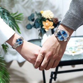 OLEVS Valentines Couple Pair Quartz Watches Luminous Calendar Date Window 3ATM Waterproof, Casual Stainless Steel His and Hers Wristwatch for Men Women Lovers Wedding Romantic Gifts Set of 2