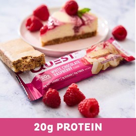 Quest Nutrition Protein Bar, White Chocolate Raspberry, 20g Protein, 5g Net Carbs, 200 Cals, 2.1oz Bar, 1 Count, High Protein, Low Carb, Gluten Free, Soy Free