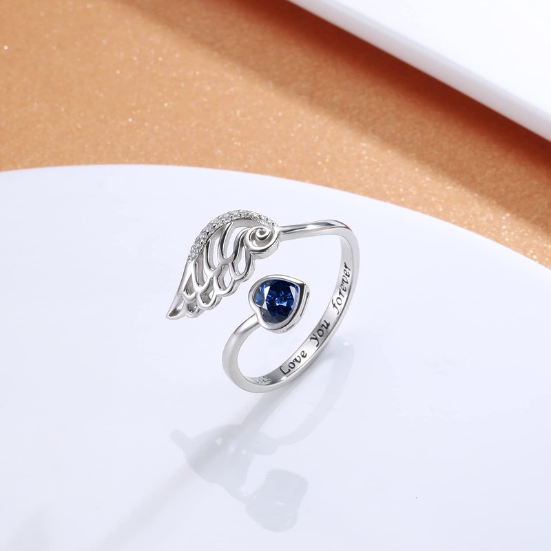 Birthstone Wing Rings Sterling Silver Adjustable Feather Heart Month Stone