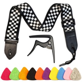 Junlego Ukulele Strap With Ukulele Capo And 10 Color Ukulele Picks Shoulder Strap for Ukulele or Small Size Guitar Length Adjustable (Black and white)