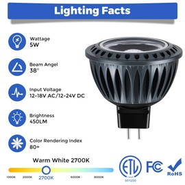 Gardencoin MR16 LED Light Blub, 5W 2700K Warm White 450 Lumens Dimmable, Aluminum Housing, Low Voltage 12V Input,GU5.3 bi-pin Light Bulbs for Landscape &Accent Lighting, Indoor/Outdoor Use,6-Pack