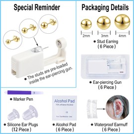 VitaCool Ear Piercing Kit Disposable Ear Cartilage Piercing Gun Kit with Sterile CZ Studs Easy and Safe Earring Self for Yourself Use at Home(Gold Ball Pattern 234mm)