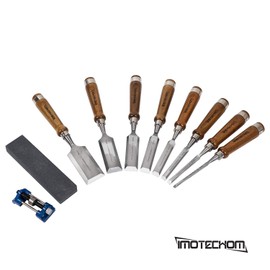 IMOTECHOM 10-Pieces Woodworking Wood Chisel Set with Wooden Box, Honing Guide, Sharpening Stone, Razor Sharp CR-V 60 Steel Blades