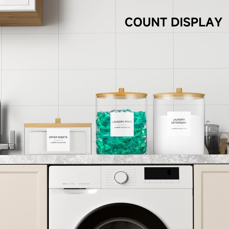 Glass Jars and Acrylic Dryer Sheet Holder, Laundry Pods Container