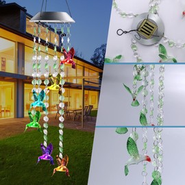 Solar Wind Chimes for Outside, Hummingbird Hanging Solar Wind Chimes 7 Color Changing, Waterproof Outdoor Solar Lights Windchimes Garden Decor Birthday Gifts for Mom Grandma Women (Green Hummingbird)