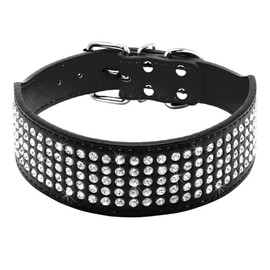 Serijoars Rhinestones Dog Collars, 2" Width Full Sparkly Crystal Diamonds Dazzling Sparkling Elegant Fancy PU Leather Dog Collar for Medium Large Dogs (L, Black)