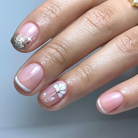 White French Tip Press on Nails,Short Square Fake Nails,Flower Glitter Design False Nails,Glossy Full Cover Stick on Nails,Reusable Acrylic Artificial Nails with Glue on Nails,Women DIY Charm Manicure