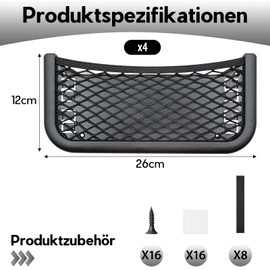 Scettar Pack of 4 Car Storage Nets, 26 x 12 cm Storage Net, Motorhome, Boot Net Bag Accessories, Suitable for Caravans, Campers, Trucks, with Self-Tapping Screws, Elastic Band, Mounting Strap