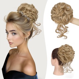 Sofeiyan Hairpiece with Elastic Band, Curly Bun Hairpiece with Hair Updo Hairstyles, Synthetic Messy Bun Hair, Tousled Updo Hairpieces for Women Girls, Honey Blonde with Platinum Blonde