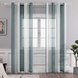 MIULEE Transparent Voile Curtains with Eyelets, Tab-Top Curtains for the Living Room and Bedroom, Set of 2, 140 x 245 cm, Green Stripes