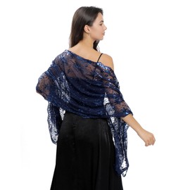 OurLore Women's Glittering 1920s Shawl Scarf Mesh Sequin Wedding Bridal Cape Fringed Evening Wraps Shawls (A-Navy)