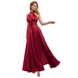 Women Satin Infinity Dress with Bandeau Halter Neck Convertible Bridesmaid Dress with Slit Wedding Guest Multi-Way Dress Long Evening Cocktail Side Split Spaghetti Strap Twist Wrap Dress Burgundy M