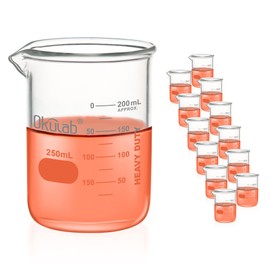 Okulab Heavy Duty Glass Beaker Set, Thick-Walled 3.3 Borosilicate Glass Beakers, with Double Scale Printed Graduation, 12pcs of Vol.250ml, HBKG250C12