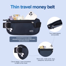 RFID Blocking Money Belt for Men Women, Slim Fanny Pack for Travel，Running,Conceal Waist Wallet for Passport Holder,Phone,Cash(Black Dark Blue)