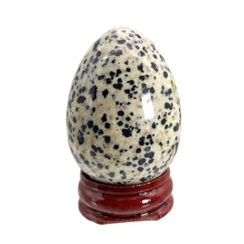 Fekuar Stone Egg Figurine, Polished Healing Crystal Easter Eggs Sphere Sculpture with Wood Stand, Dalmation Jasper, 1.8"