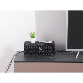 Coeusy Black Cable Management Box,2 Pack Large & Medium Rattan Cable Organizer Box for Power Strip,2 Open Slots Cords Hider Box for TV Wires, Computer, Router, USB Hub and Under Desk Power Strip