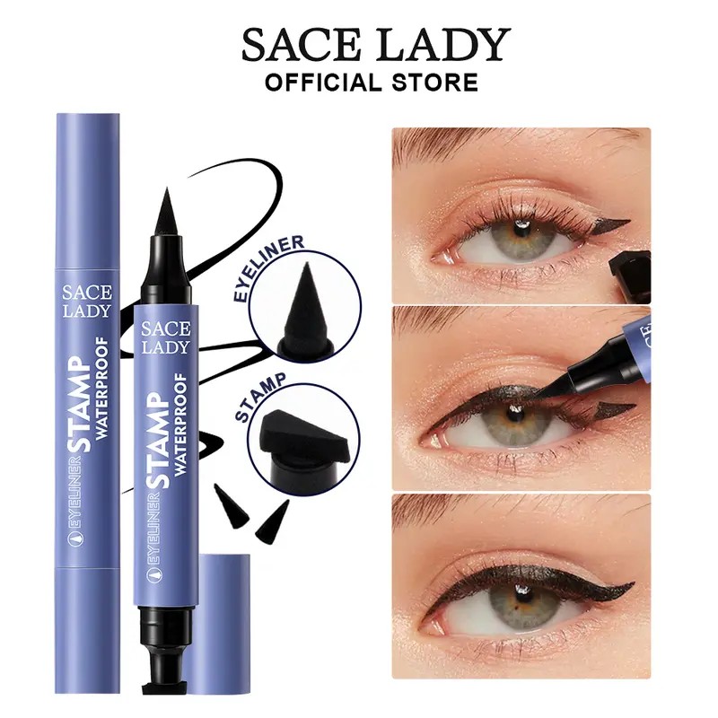 Black Stamp Eyeliner Pen, Waterproof Smudge-Proof Double-Ended Liquid Eye Liner,