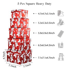 PAPER FAIR 5PCS Christmas Nesting Gift Boxes Set, Red Foil Mirrored Polar Bear Candy Cane Flat Square Cardboard Nested Box w/Lid, for Gift Wrapping Holiday Xmas Birthday, Assorted Size