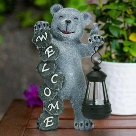 Cuteefun Grey Bear Solar Garden Ornament Outdoor, Animal Garden Statue Decoration with Solar Light, Weatherproof Durable, Grey Bear Decor for Yard Lawn, Housewarming Women Mum Birthday Gift