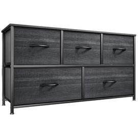 YITAHOME Dresser with 5 Drawers - Fabric Storage Tower, Organizer Unit for Bedroom, Living Room, Closets - Sturdy Steel Frame, Wooden Top (Cool Black Wood Grain)