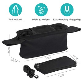 Esshogo Universal Pram Organiser with Insulated Drink Holder, Pram Organiser, Buggy Bag Organiser, Pram Accessories with Zip Pocket, Shoulder Strap is for Everyone