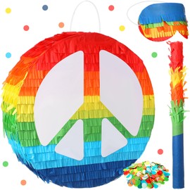 Wettarn 12 Inch Groovy Retro Piñata 60's 70's Hippie Party Rainbow Peace Sign Two Groovy Piñata with Blindfold, Bat, Confetti for Hippie Boho Groovy Flower Birthday Baby Shower Wedding
