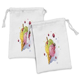 Lunarable Colorful Fabric Pouch Set of 2, Delicious Tasty Ice Cream on Cone with Cherries Bonbon Candies Chocolate Vibrant, Small Drawstring Bag for Toiletries Masks and Favors, 9" x 6", Multicolor