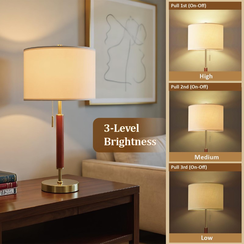 EMORLO Mid Century Modern Table Lamp, 22" Wood Pull Chain