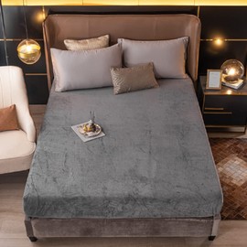 Fleece Fitted Sheet, 160 x 200 cm, Grey, Warm, Plush, Velvet, Cuddly, Box Spring Bed Fitted Sheet, Terry Cloth Bed Sheet, Flannelette Fitted Sheet, 160 x 200 cm Double Bed Sheet, Plain Pattern, for High Mattresses up to 25–30 cm