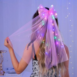 Foyte Bow Wedding Bride Veil LED Bachelorette Veils Light Up Pearl Bridal Veil Hair Bows Tulle for Women(Pink)
