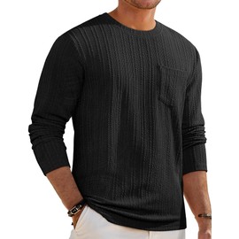 JMIERR Mens Long Sleeve Henley Shirts Stylish Crewneck Fitted Clothing Lightweight Stretch Textured Knit Tee with Pocket, XL, Black