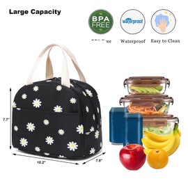 Mimfutu Flowers Insulated Lunch Bag for Women Girls, Reusable Lunch Box Picnic Tote Bags for Adults Kids School Work Travel (Black)