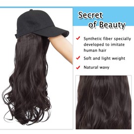 SEGO Baseball Cap with Hair Attached Hat Wigs with Hair Attached for Women Synthetic Long Wavy Wig with Black Hat Hair Extension Stylable for Pigtail Ponytail 16 Inch Dark Brown 290g