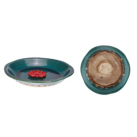 DUSVALLY Vintage Birdbath Ceramic Bowl Decor,Drinker Plate for Outdoor Garden Yard,Blue with Red Flower