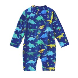 Baby Boy Swimsuit Infant Rashguard Swim Suit One Piece Long Sleeve Bathing Suits Cute Swimming Set for Boys 6-12 Month Blue Dinosaur 80