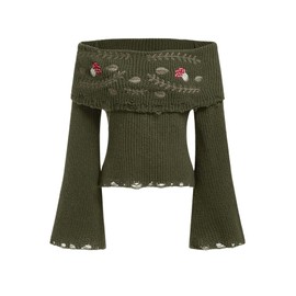 BEAUDRM Women's Y2K Off The Shoulder Sweater Cottage Core Vintage Sweater Distressed Long Bell Sleeve Mushroom Knit Pullover Army Green Medium