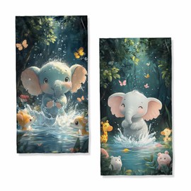 Cute Elephant Hand Towels Highly Absorbent Funny Cartoon Animals Giraffe Pig Bathroom Kitchen Towels Set of 2 Lightweight Breathable Face Towels for Bathroom Gym Hotel Gifts for Women Man 14"x28"