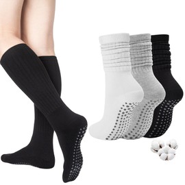Aurmly Pilates Socks with Grips for Women 3 Pairs, Ladies Cotton Long Scrunch Non Slip Socks for Yoga Barre Hospital Slouch Slipper Socks UK4-8