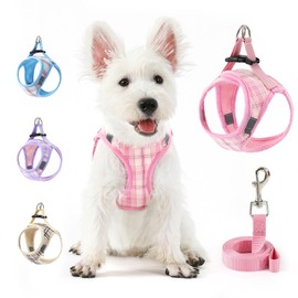 voopet Small Dog Harness and Leash Set Lightweight Cat Comfort Padded Soft Mesh Vest Step in Dog Harness No Pull No Choke Reflective Small Plaid Girl & Boy Puppy Kitty Harness, Pink S