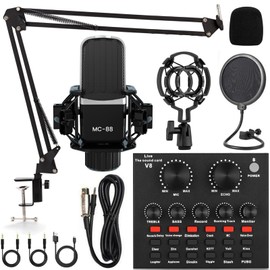 Podcast Equipment Bundle, All-in-One Audio Interface with Studio Condenser Microphone Perfect for Podcasting, Recording, Singing, Streaming and Gaming, PC, Smartphone, YouTube, TikTok (V8)