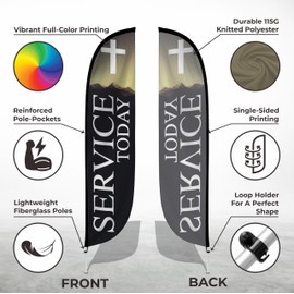 LookOurWay Feather Flag Set, 12 ft Advertising Flag with Fiberglass Poles and Ground Spike for Business Promotion, Church Theme (Service Today)