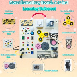 Montessori Busy Board with LED Lights - Wooden Sensory Toy for Toddlers 1-3 | 10 Switches, Music Box, Spinning, Gears & More | Eco-Friendly Learning Activity Board