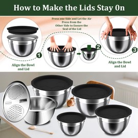 Mixing Bowls with Lids Set, 16PCS Stainless Steel Mixing Bowls,Nesting Storage Bowls for Kitchen with Mixing Bowl, Colander, Strainer & Grater, Metal Bowl for Kitchen Gadgets Salad Bowl, Black