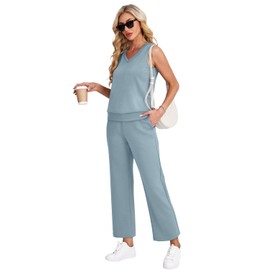 WIHOLL Womens Two Piece Outfits Summer Pant Sets Travel Set Womens Clothing V Neck Tops Matching Sets Petite Lounge Sets Blue S