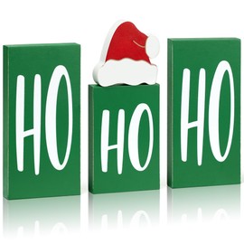 Christmas Ho Ho Wood Decor, Ho Ho Wood Christmas Blocks for Table Party Decor, Xmas Wooden Tabletop Sign 4 Pieces (Green)