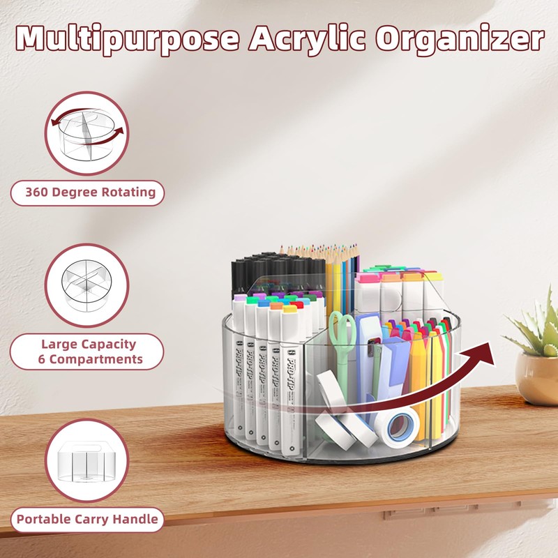 Absonic Acrylic Pen Holder Pencil Organizer, 360-Degree Rotating Pencil Holder,