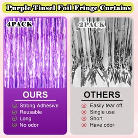 Purple Tinsel Backdrop, 4 Pcs 3.3x6.6 Ft Party Streamers Photobooth Backdrops, Metallic Foil Fringe Curtain for Girl Birthday Decorations, Purple Tinsel Birthday Backdrop for Bachelorette Party Decor