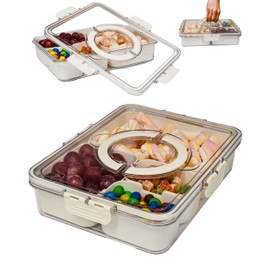 Small Snackle Box Container - Travel Snack Box Container - Snacklebox - Divided Serving Tray With Lid and Handle - Portable Snack Tray With Lid - Snackle Boxes (4 Compartments - 3 Sizes - Cream)