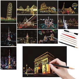 12 Pcs Scratch Art Paper Rainbow Scratch Paper with Scratching Tools Kit World Famous City Landmarks Scratch Art for Adults and Kids(A5 Size)